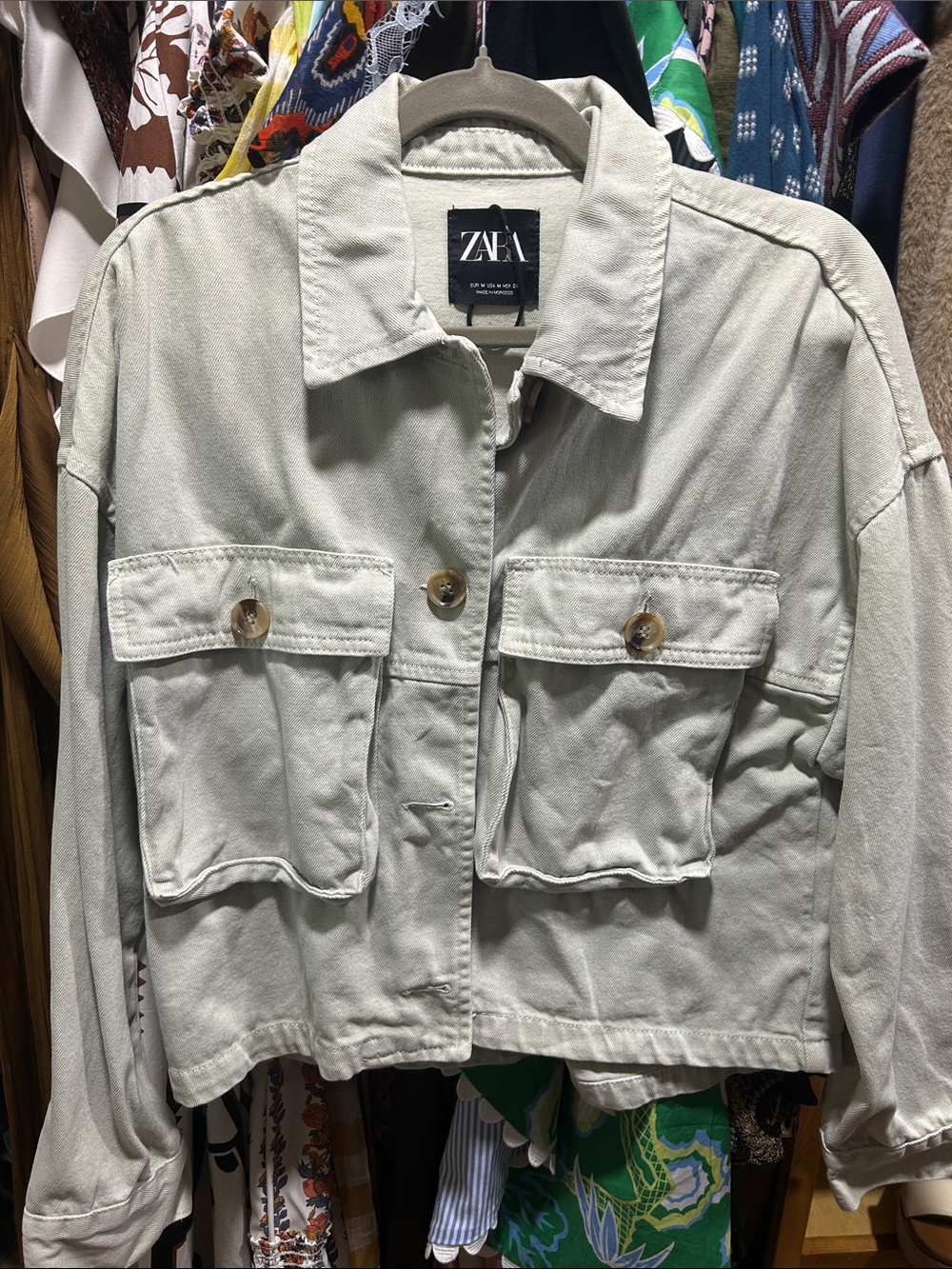 Zara Mint Green Utility Crop Jacket with Front Flap Pockets